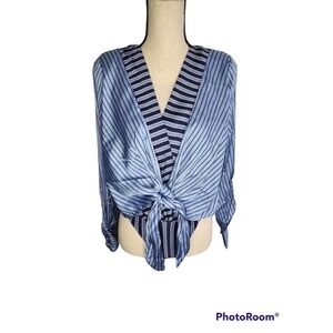 ZARA Blue Stripe Satin Front Knot V-neck Silky Top Bodysuit With Shoulder Pads S